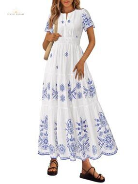 Flowy Boho Maxi Dress with Pockets, V-Neck Short Sleeve, 100% Cotton